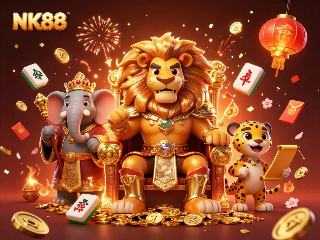 Engage with NK88 at a vibrant casino scene featuring a lion king and playful elements.
