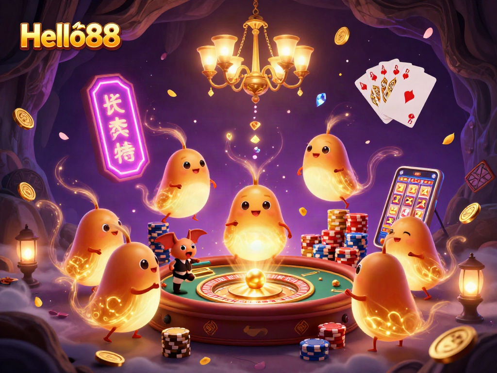 Hello88 illuminates a vibrant online casino scene with glowworms and a bat dealer, showcasing exciting gameplay elements.