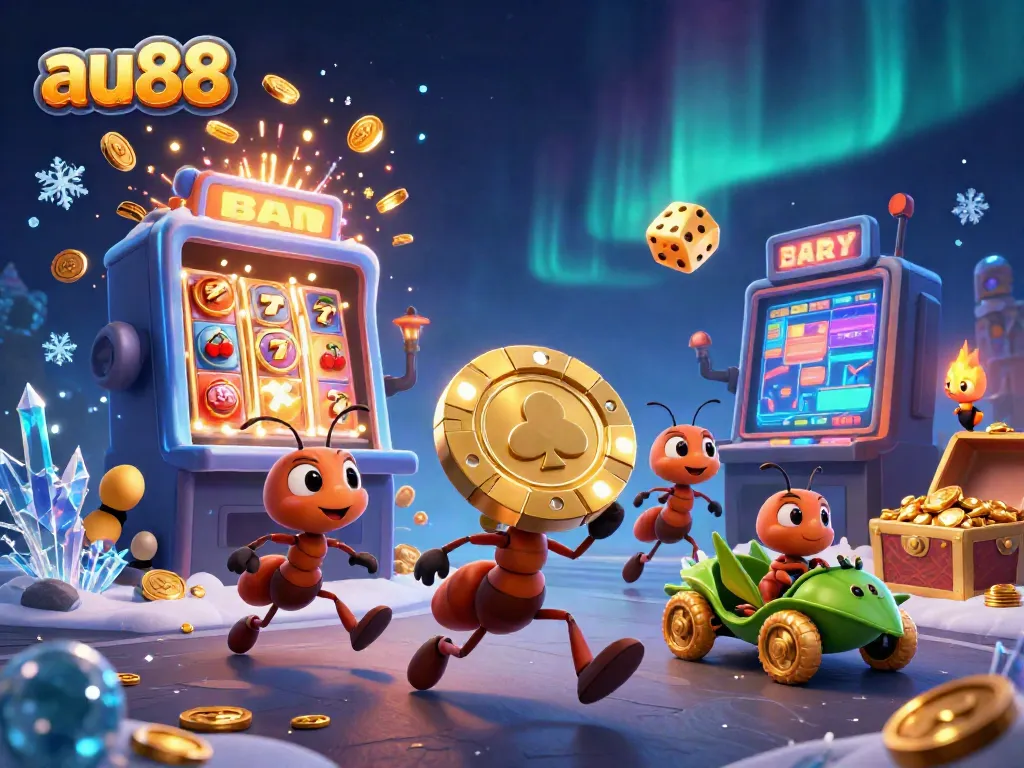 Experience the excitement of au88 with cartoon ants in a heist carrying a giant poker chip in a vibrant casino scene.