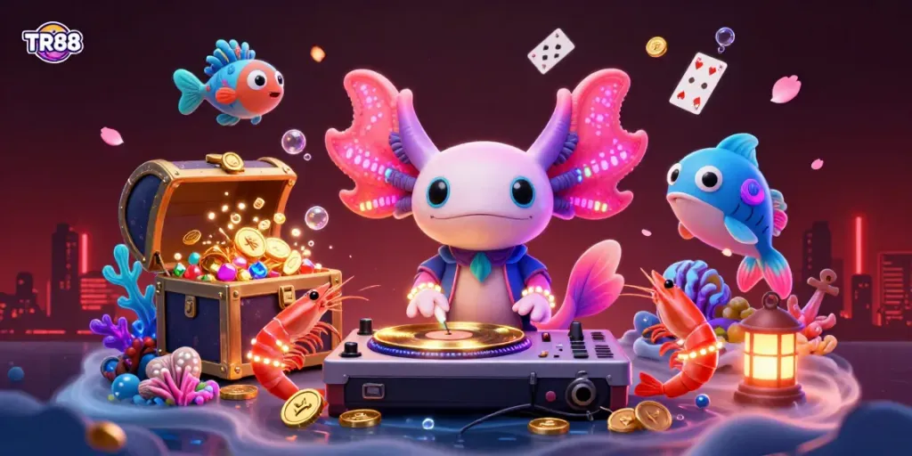 Experience the vibrant excitement of TR88 with a neonized casino-themed ocean scene filled with treasure and energetic characters.