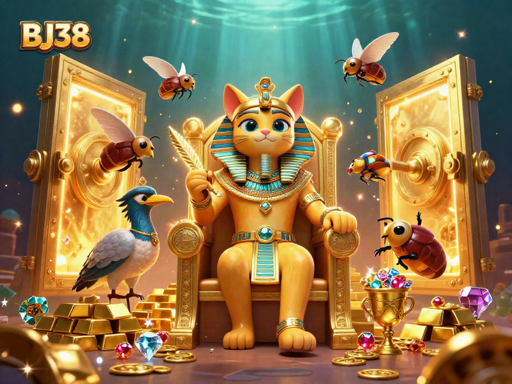 Join the thrilling action at BJ38, where animated characters meet vibrant treasures in a casino-themed illustration.