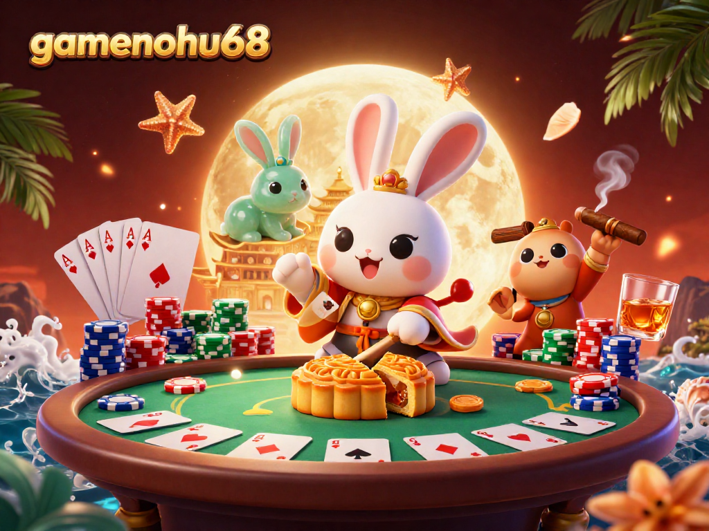 Engage in winning poker gameplay with gamenohu68's vibrant casino illustration featuring lunar themes.