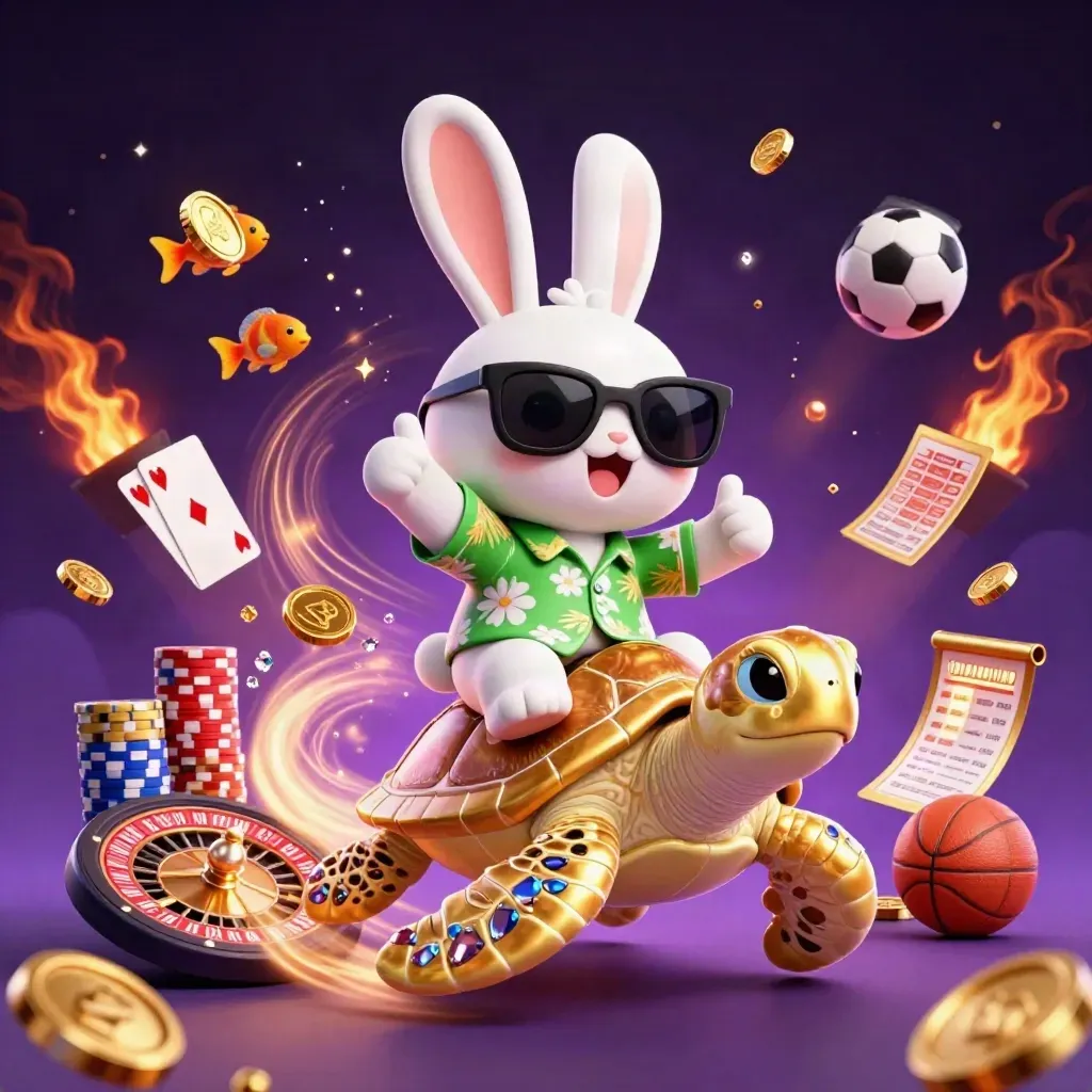 Lucky rabbit on a golden sea turtle amid casino icons, coins, gems, and neon purple light.