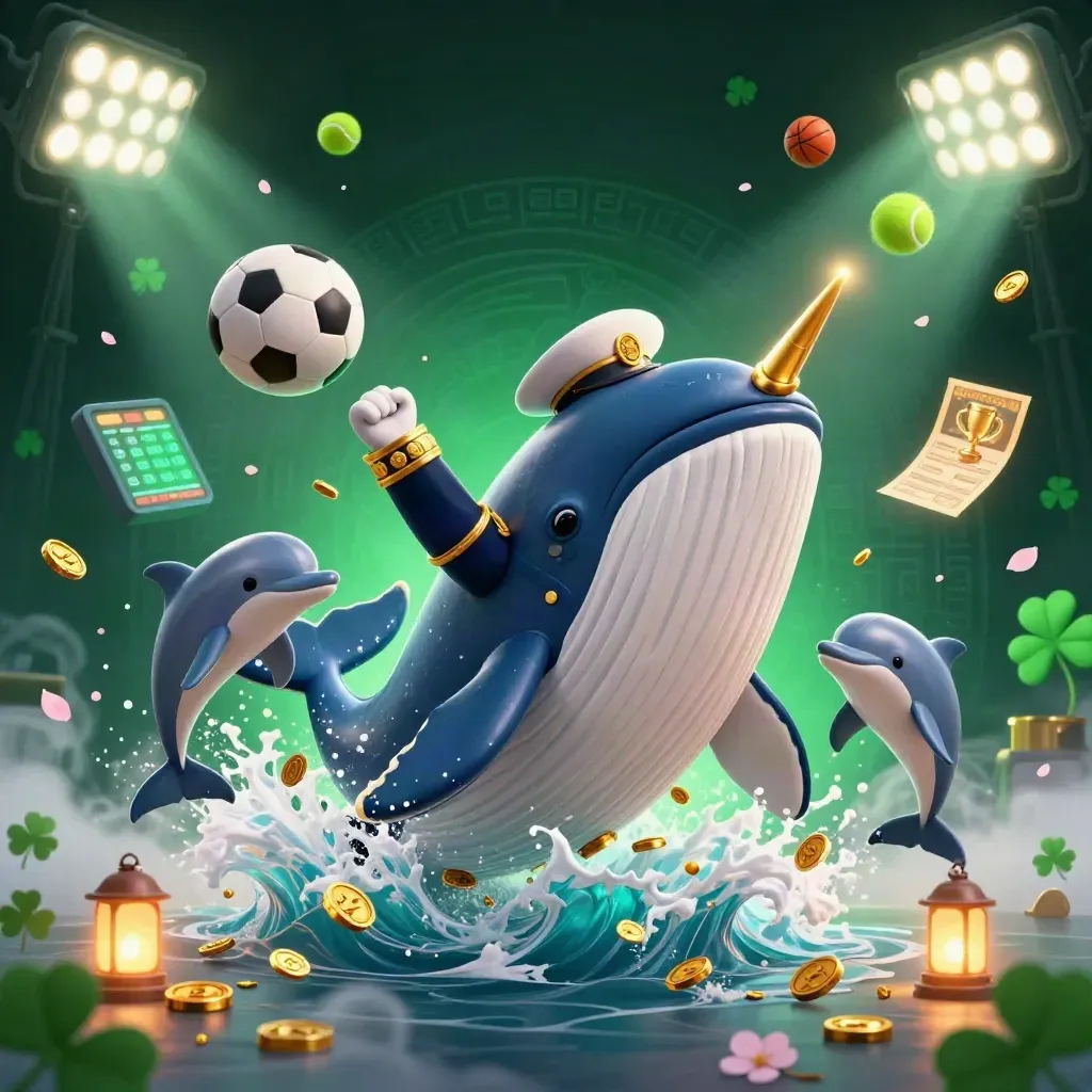Captain whale, narwhal, and dolphins burst through coins under neon stadium lights.