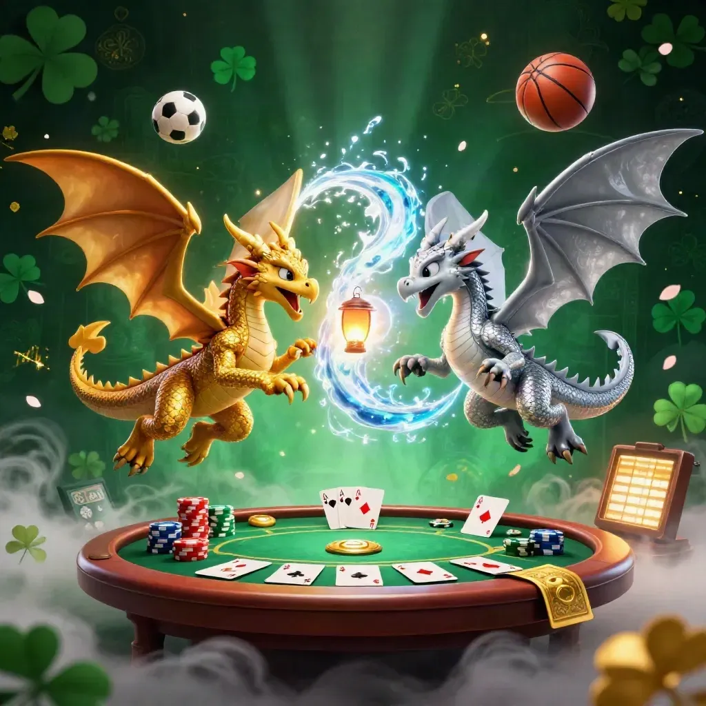 Twin dragons swirl over casino chips, cards, and sports props in neon gold, green, and navy glow.