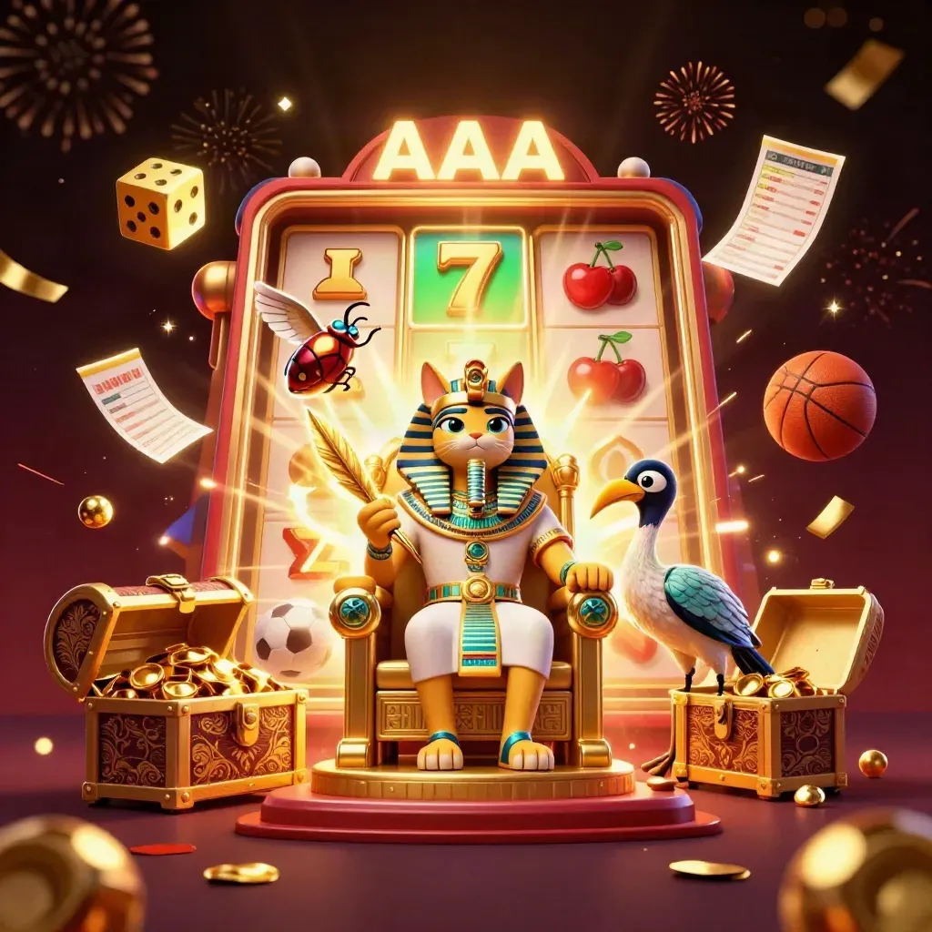 Pharaoh cat, ibis scribe, scarabs and casino symbols explode around a glowing sports-ball collage.