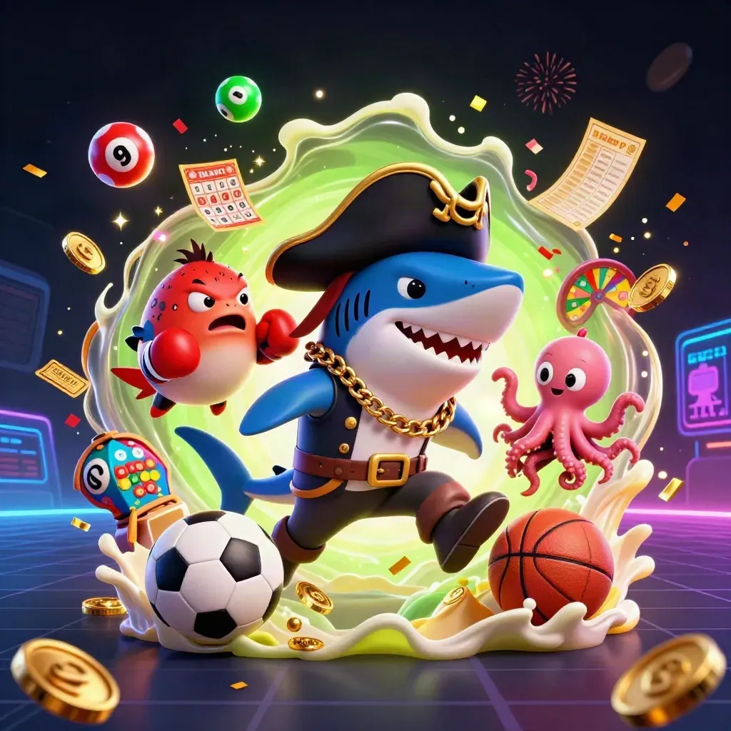 Pirate shark, pufferfish, and octopus amid casino props and flying balls in neon light.