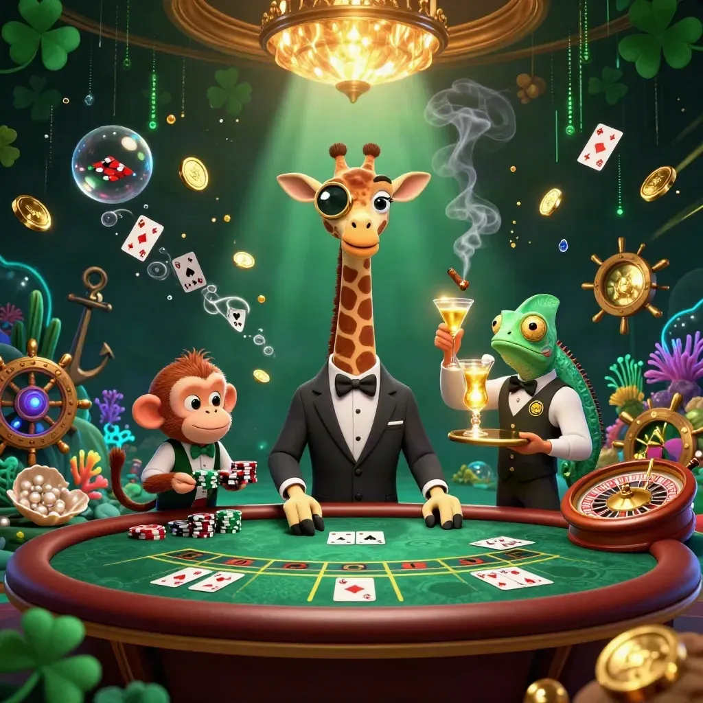 Giraffe high roller, monkey valet, and chameleon bartender amid neon casino treasure and roulette glow