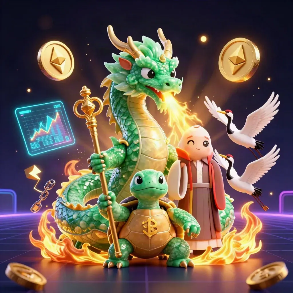 Dragon, turtle sage, and cranes amid crypto coins and casino lights in a neon luxury room.
