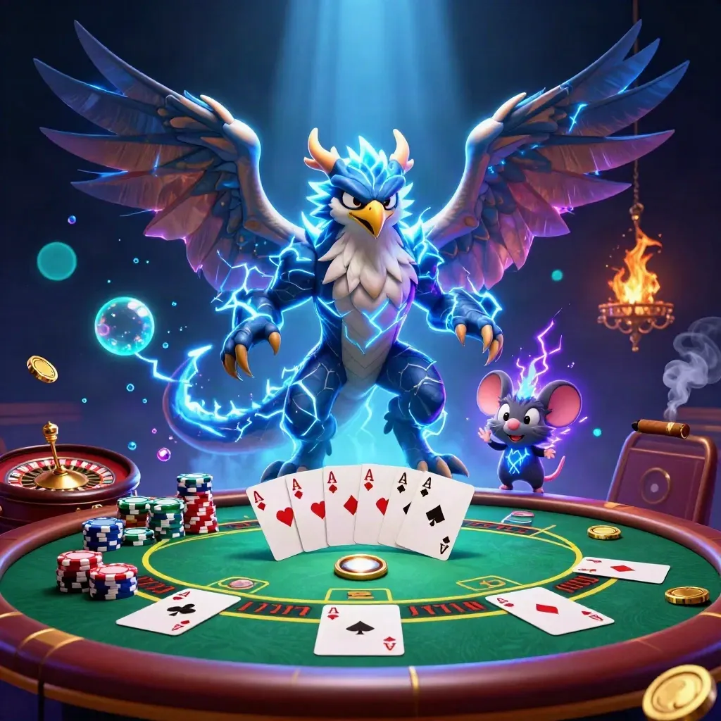 Thunder dragon, hawk, and mouse in a luxe neon casino with cards, chips, and glowing lights