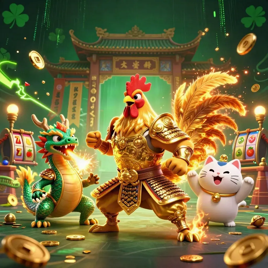Samurai rooster, spark-breathing dragon hatchling and cheering fortune-cat in a neon casino battle burst