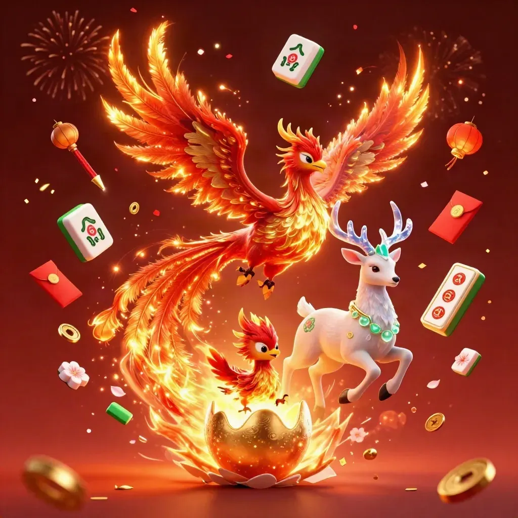 Phoenix, hatching chick, and crystal stag amid casino charms and fireworks