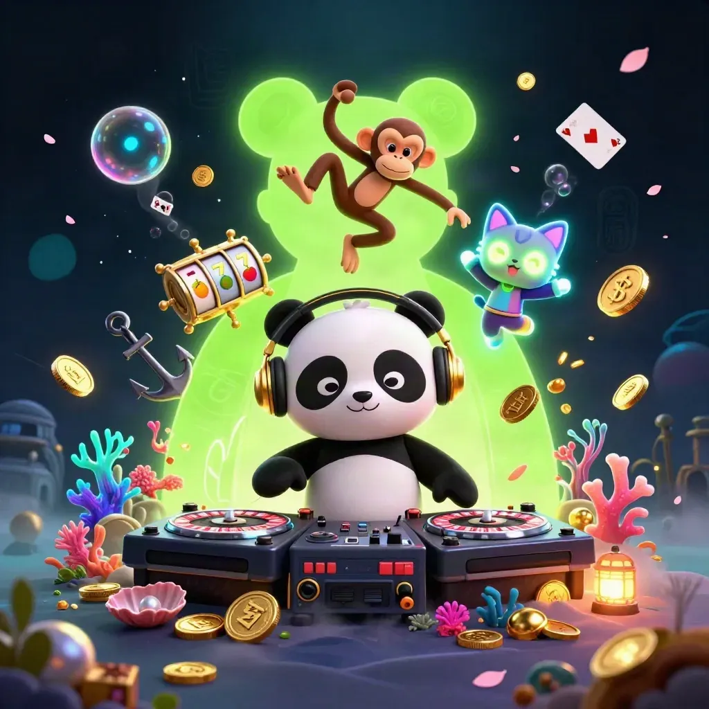 DJ panda, breakdancing monkey, and glow-stick kitten in a neon treasure cove