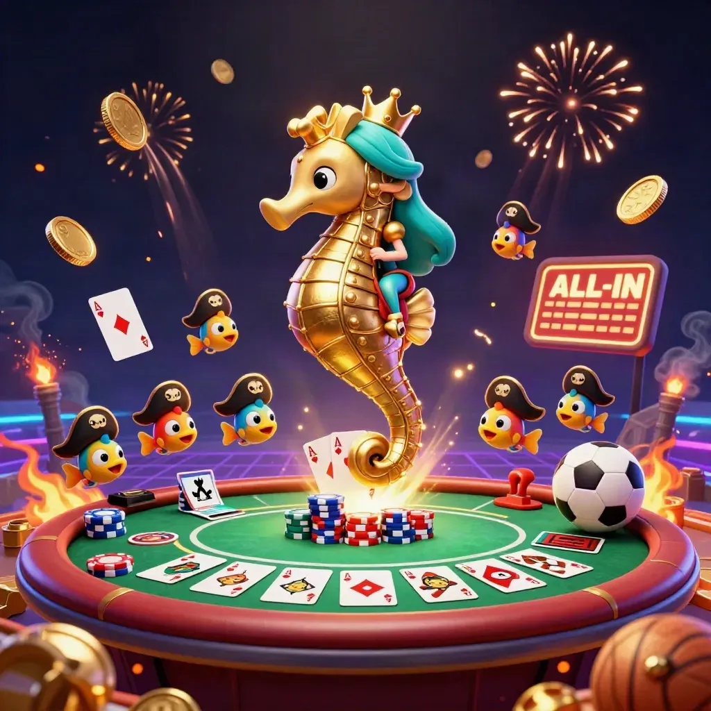 Mermaid princess on armored seahorse with pirate fish, poker chips, coins, sports props and fireworks.