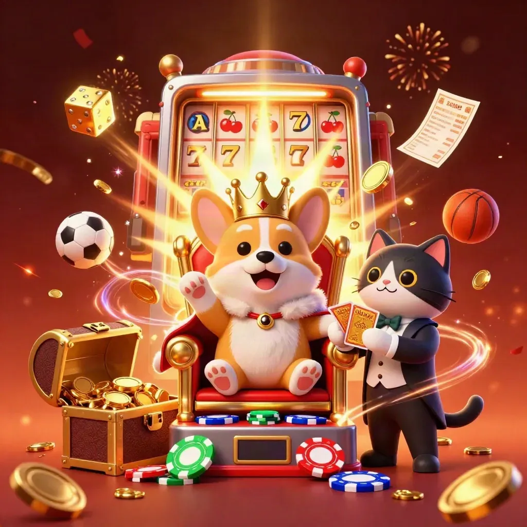 Corgi king and cat butler amid exploding slot machine, coins, fireworks and gold.