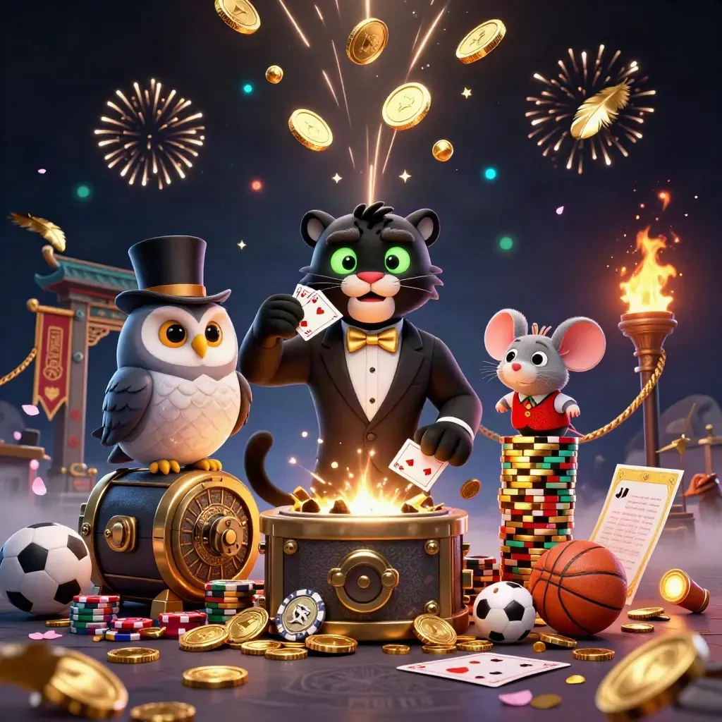 Black panther, owl, and mouse amid bursting gold, coins, fireworks, temple gate, and neon casino glow