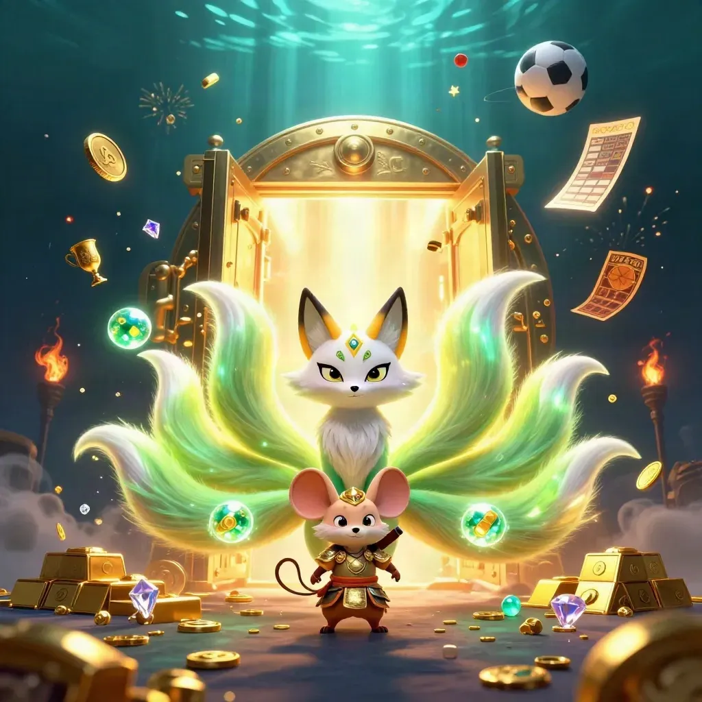 Fox spirit and armor mouse amid vault burst, coins, gems, sports icons, and neon light.