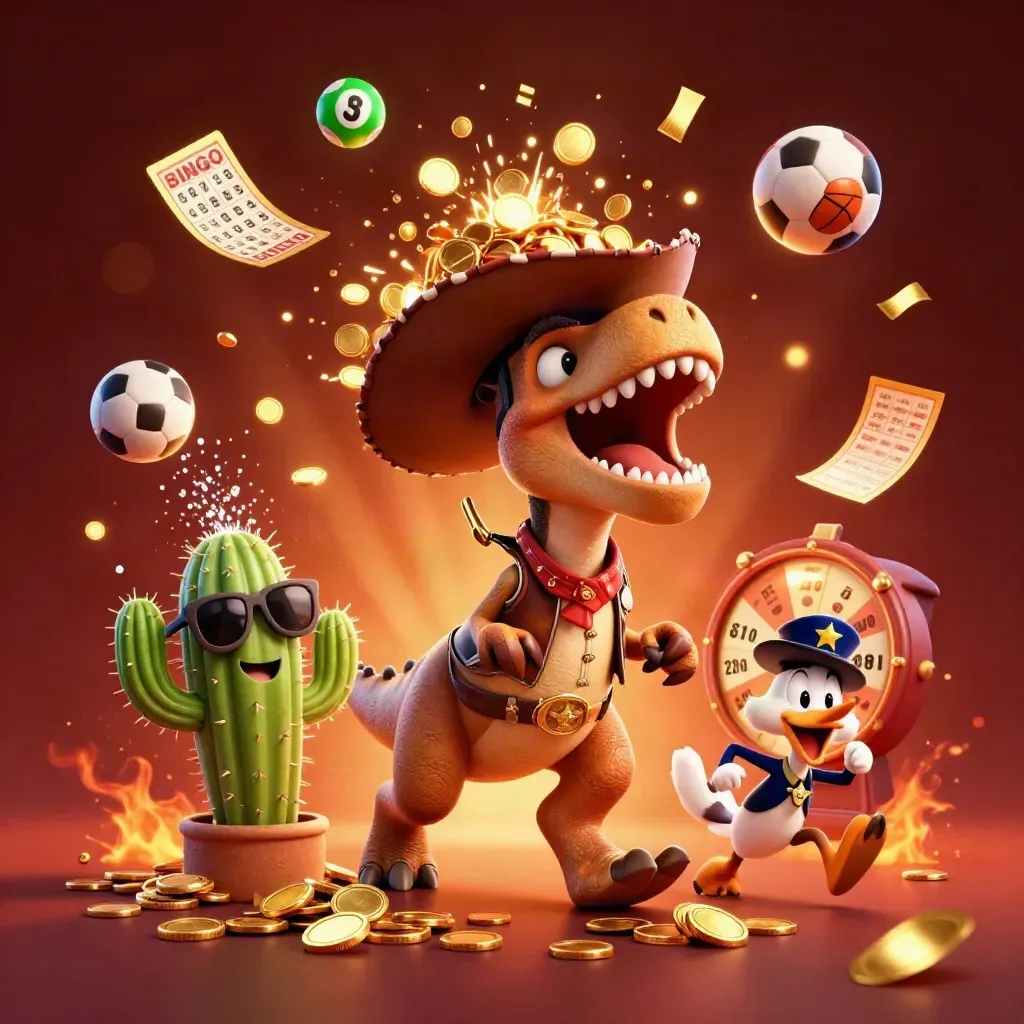 3D cowboy T-Rex, cactus, and roadrunner celebrate amid coins, fireworks, and betting props