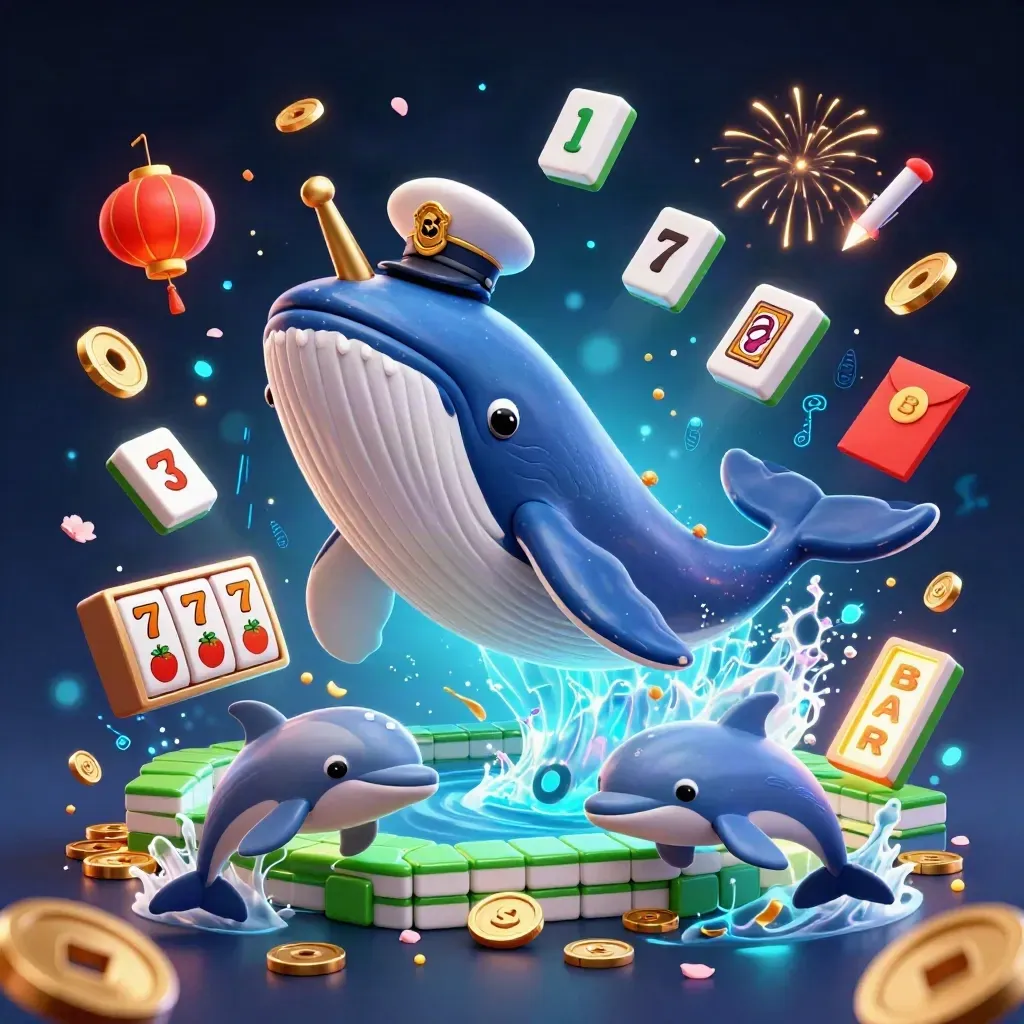 Captain whale, narwhal and dolphins explode from coins with reels and lucky symbols in neon casino art.