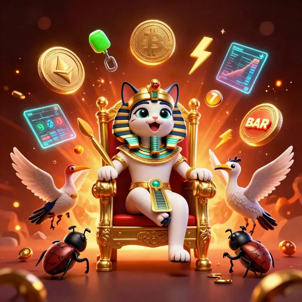 Pharaoh cat on throne with ibis scribe, scarabs, coins, and glowing casino effects