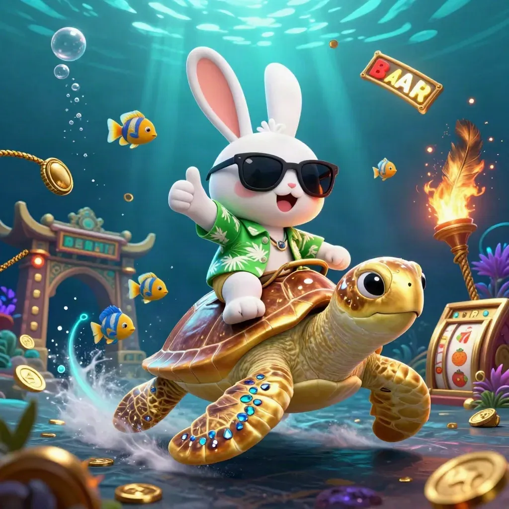 Lucky rabbit riding a golden turtle amid casino icons underwater