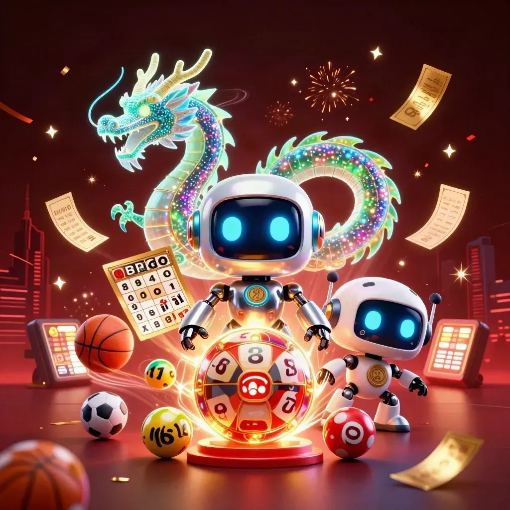 Chrome robot, holographic dragon and coin drone amid casino sparks, balls and prize wheel.