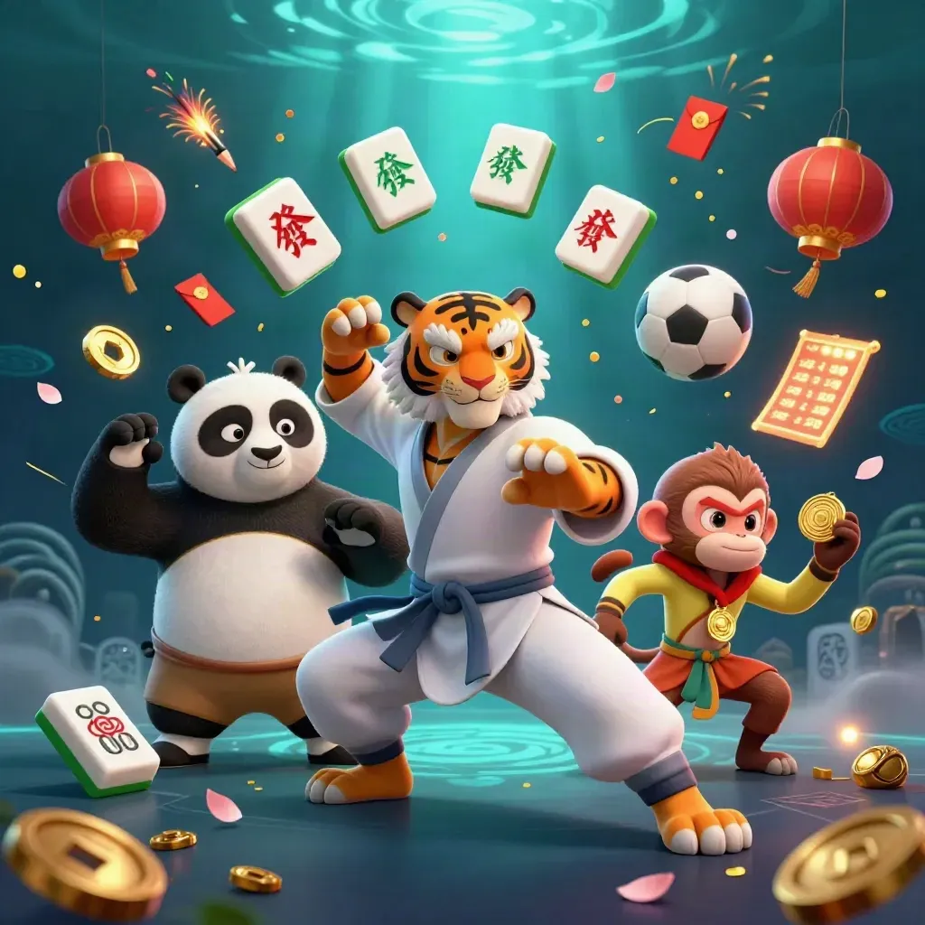 Kung-fu tiger, panda and monkey amid gold casino tokens, lanterns and neon light