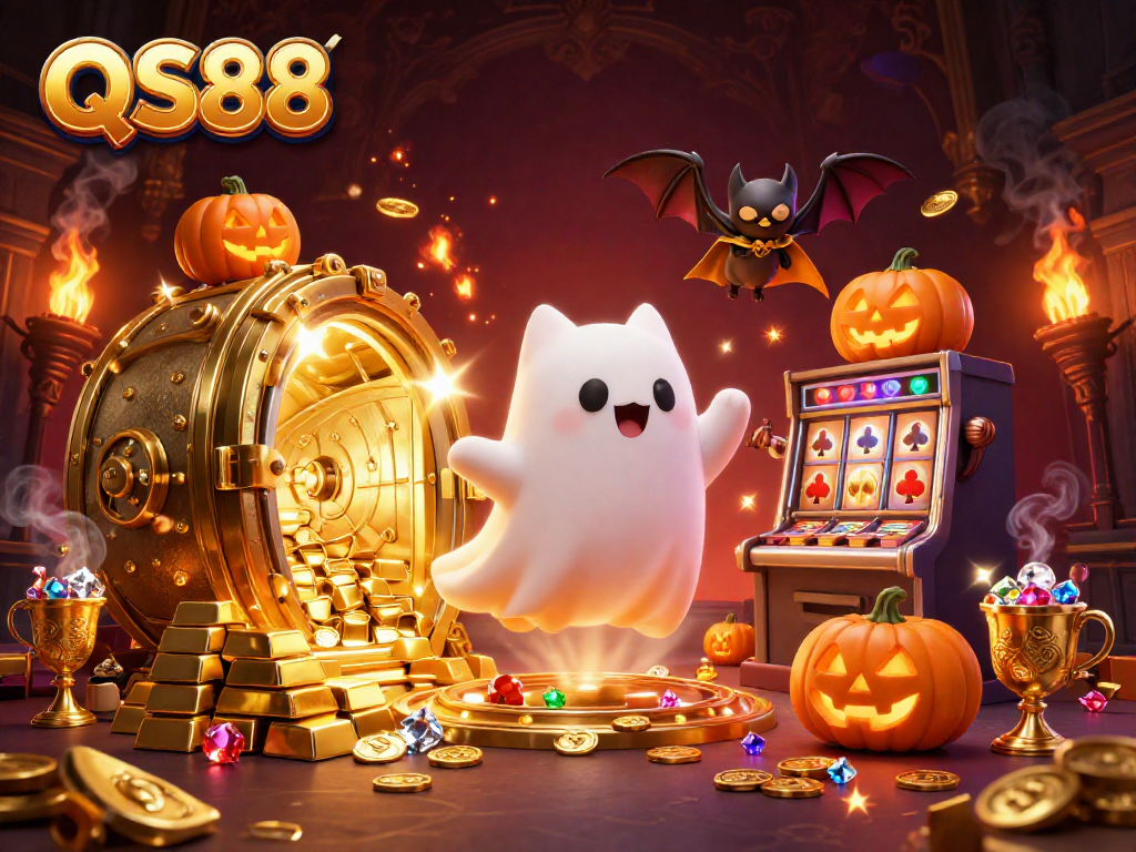 Experience thrilling wins at QS88 with a playful ghost cat and shimmering treasures in an enchanting casino.