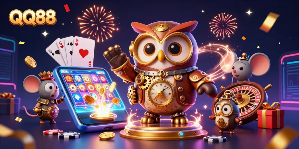Engage with QQ88's vibrant gaming atmosphere featuring dynamic casino elements and the fun-loving time-traveler owl.