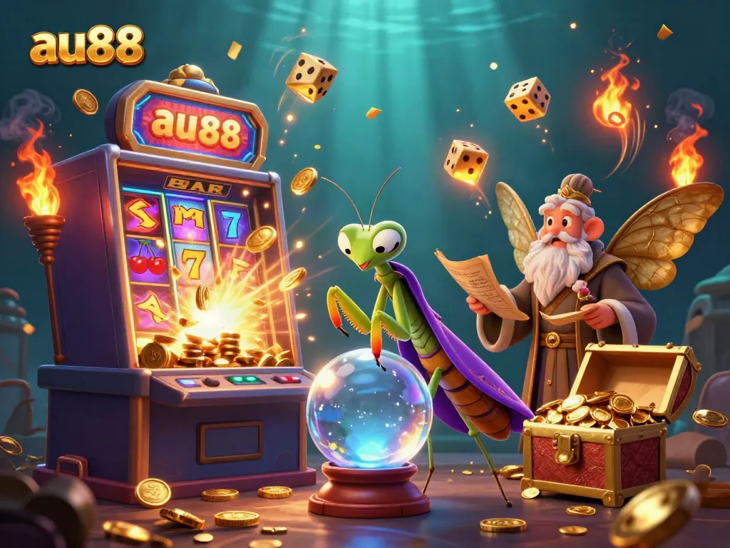 Spin and win big at au88 with vibrant casino games, showcased by a fortune teller and librarian.