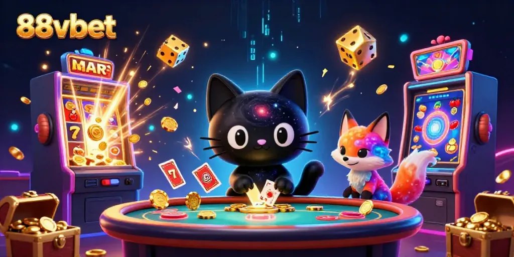 Experience excitement with the 88vbet cosmic casino featuring a black hole cat and a nebulous fox.