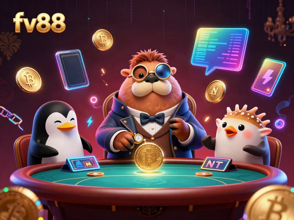 Engage with the lively gambling scene of fv88 featuring a walrus, penguin, and pufferfish at an underwater poker table.