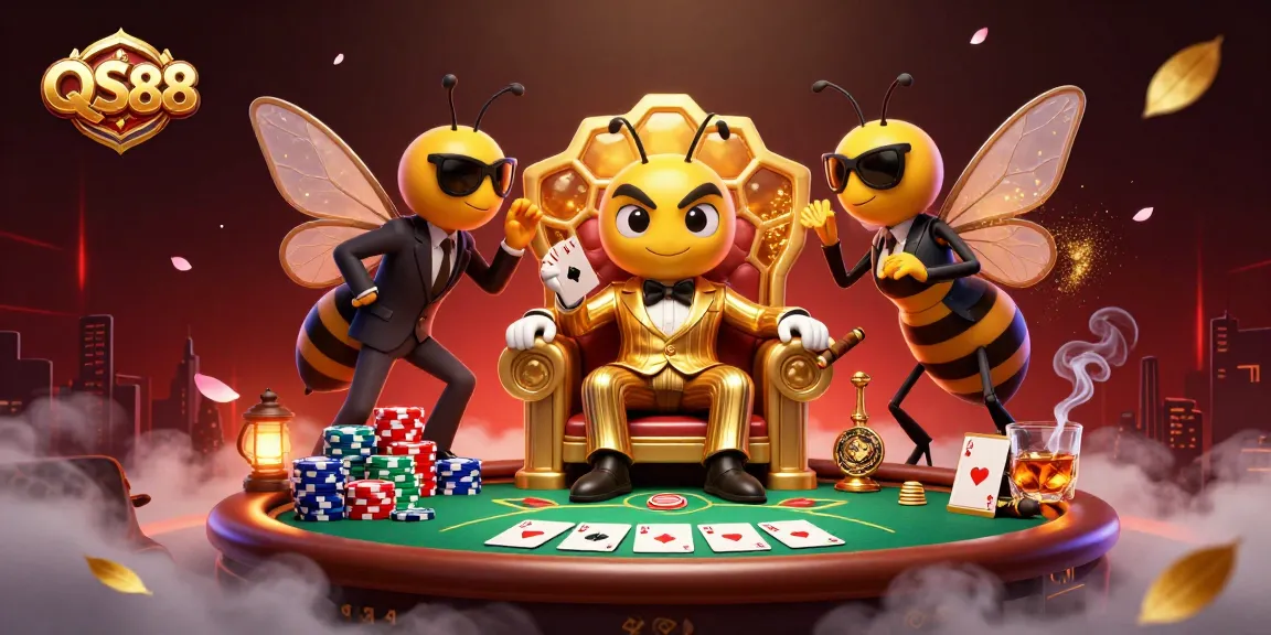Experience thrilling gaming at QS88 with a cartoon mob boss surrounded by poker elements.