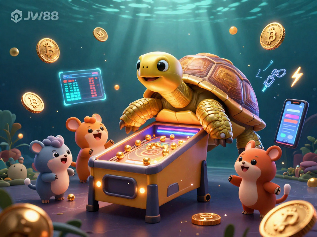Experience thrilling gameplay at JW88 with a giant golden tortoise pinball machine surrounded by crypto elements.