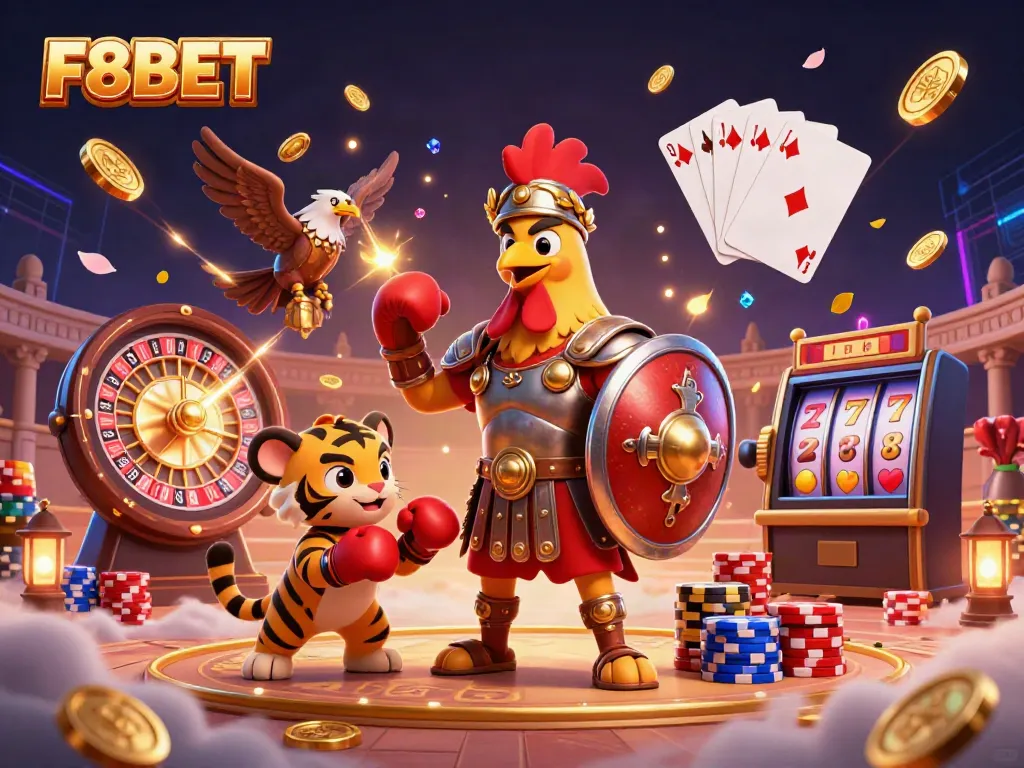 Experience thrilling action with F8BET featuring a gladiator rooster, a sparring tiger cub, and riches swirling around.