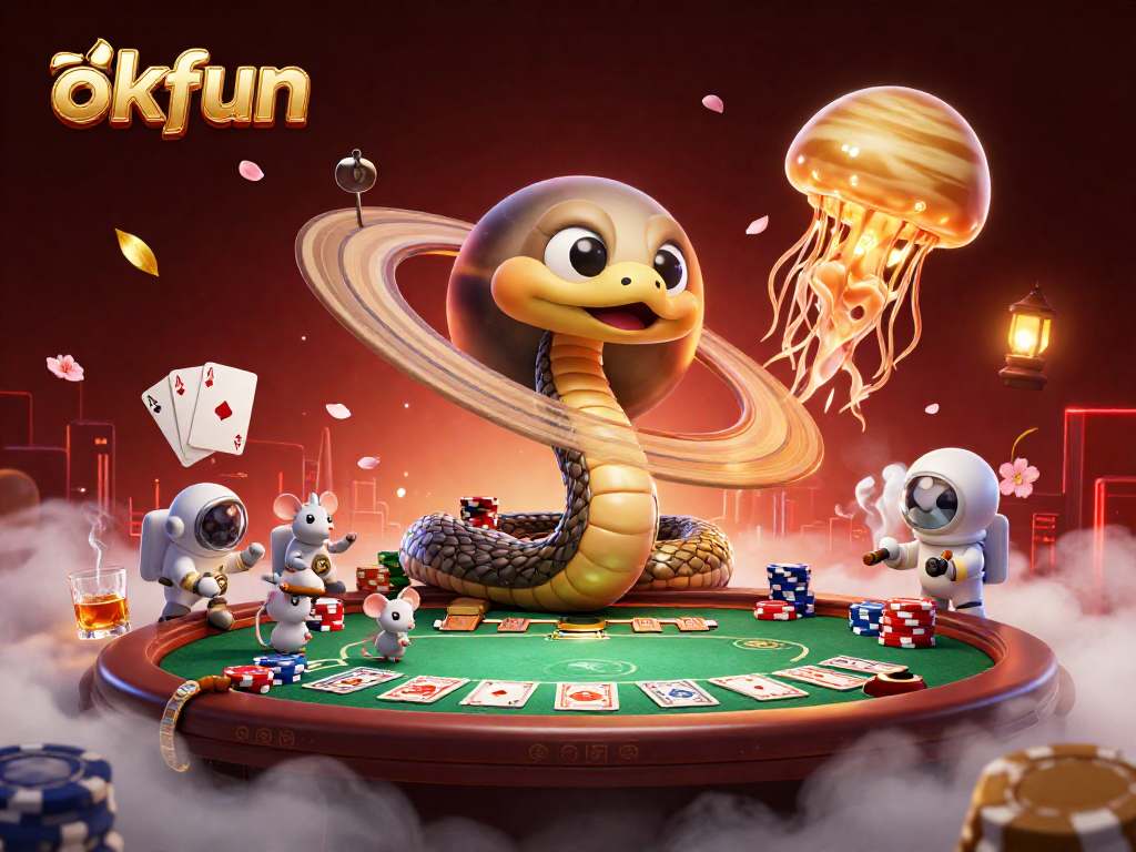 Engage in thrilling bets at okfun with animated characters in a cosmic casino scene.