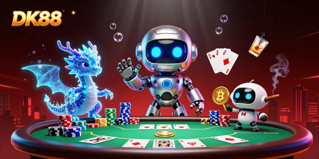 Engage with DK88's vibrant 3D casino scene featuring vibrant poker action and futuristic gaming mascots.