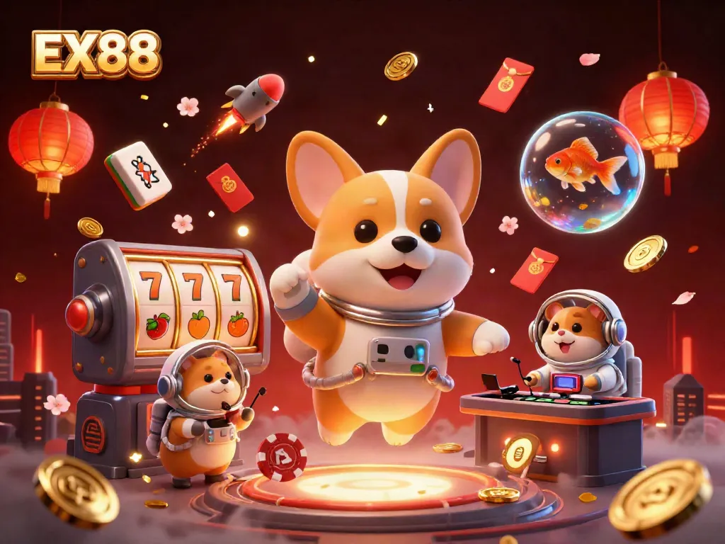 Spin to win at EX88 with a lively casino scene featuring playful 3D characters.