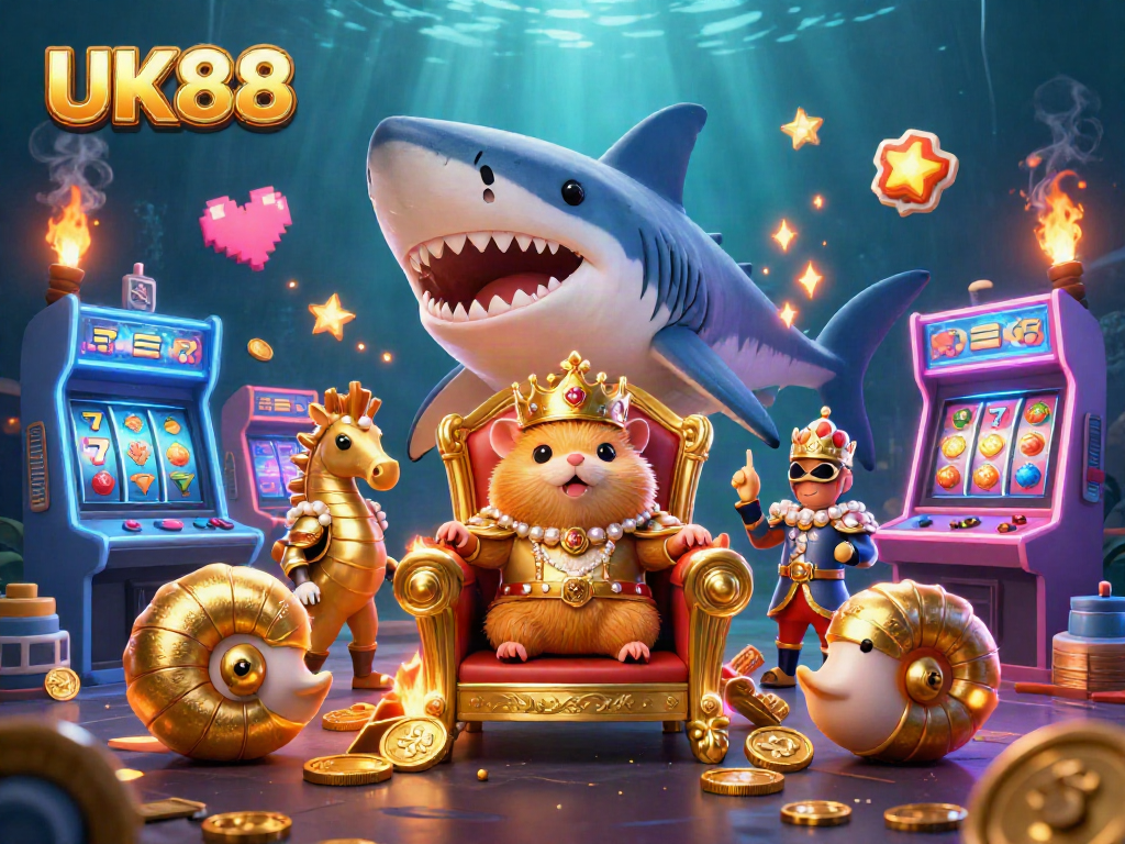 Engage with exciting UK88 casino experiences through vibrant 3D visuals of a golden hamster king amid games and treasures.