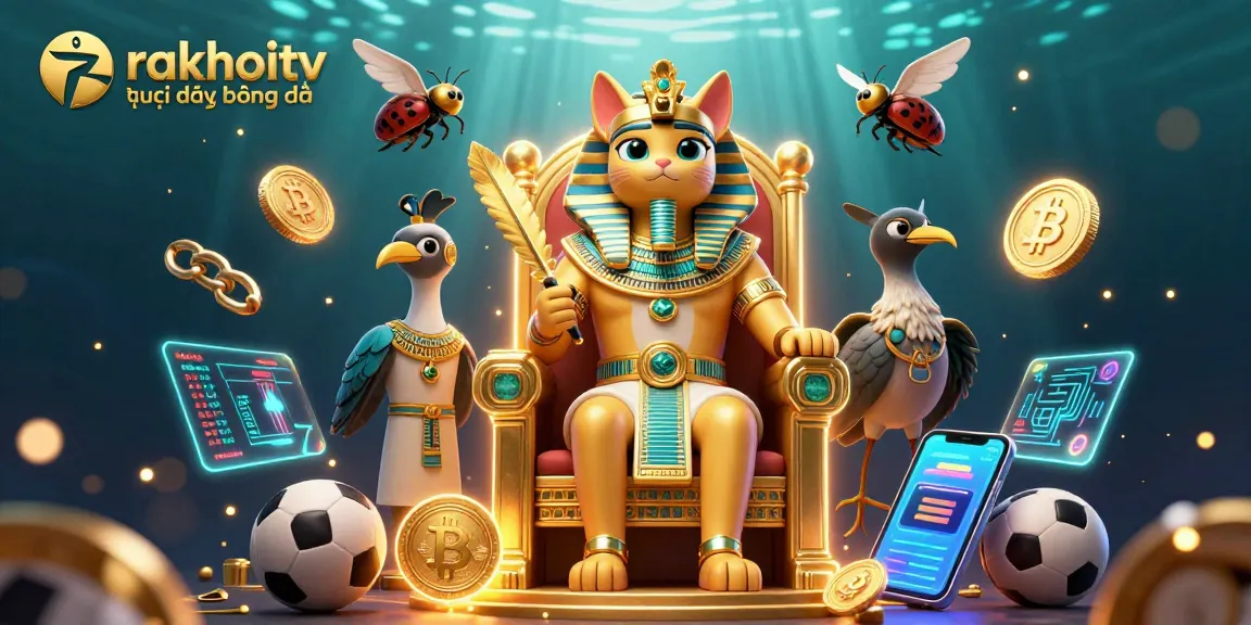 Engage in rakhoitv trực tiếp bóng đá with lively 3D pharaoh cat and vibrant sports betting elements.