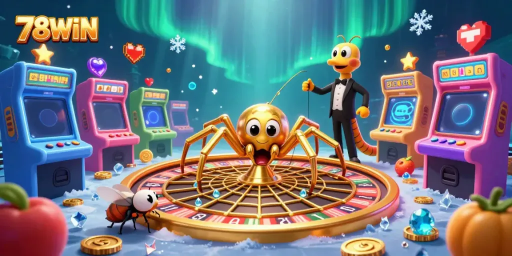 Experience the thrill of 78WIN as the cartoon spider spins a golden roulette web while a fly nervously bets.
