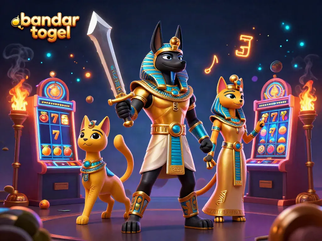 Experience winning excitement with bandar togel in this vibrant 3D casino scene featuring Anubis and Bastet.