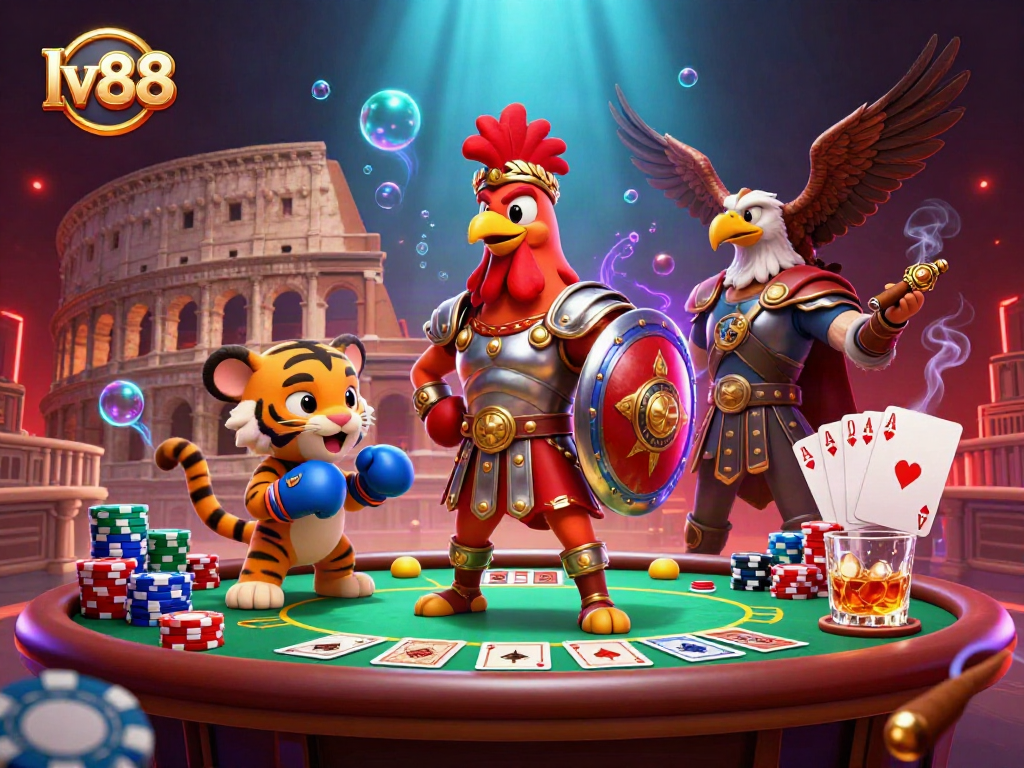 Engage with thrilling poker action in an lv88-themed arena featuring a gladiator rooster and vibrant game elements.