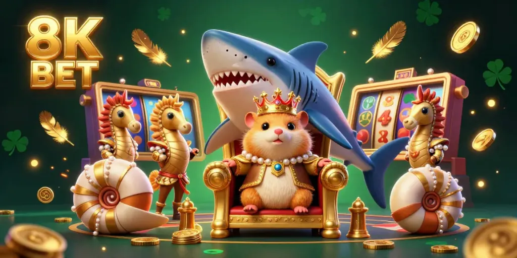 Experience thrilling 8K BET casino action with an illustrated megalodon throne and royal hamster.