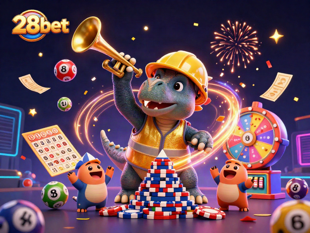 Engage with 28bet's vibrant gaming scene featuring a triceratops and dynamic casino elements.