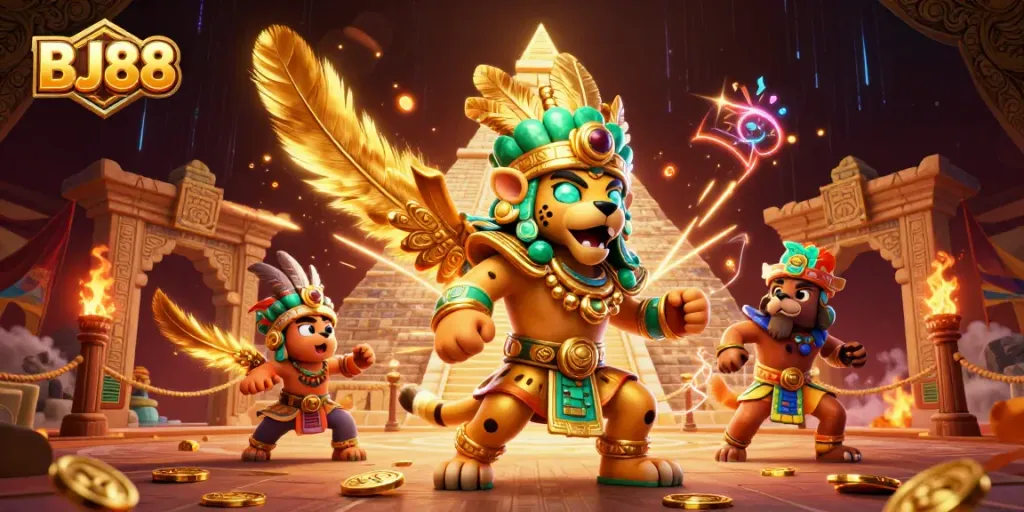BJ88 engages bettors with an energetic scene featuring a Mayan jaguar priest and dynamic casino elements.