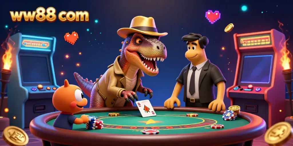 Experience the excitement at ww88 com as a velociraptor card counter discreetly plays blackjack, surrounded by vibrant gaming elements.