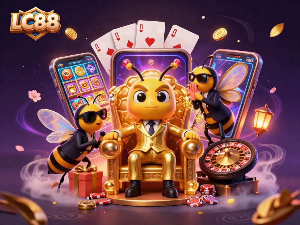 Experience the thrill of LC88 with a bumblebee mob boss in a casino-themed illustration.