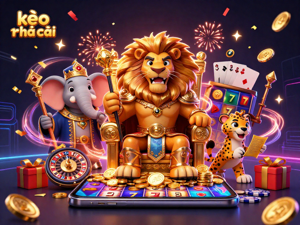Bet on kèo nhà cái with a vibrant scene featuring a lion king, elephant, and cheetah amidst slot games.