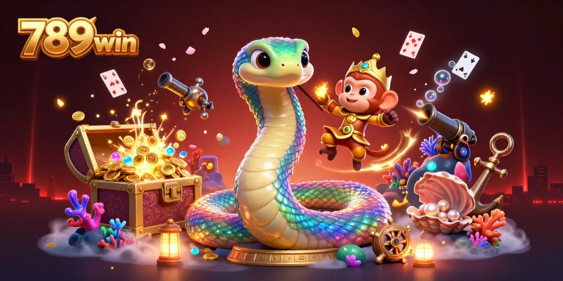 Engage in vibrant gameplay with 789win, featuring a radiant scene of a serpent and monkey king in a captivating casino-themed environment.